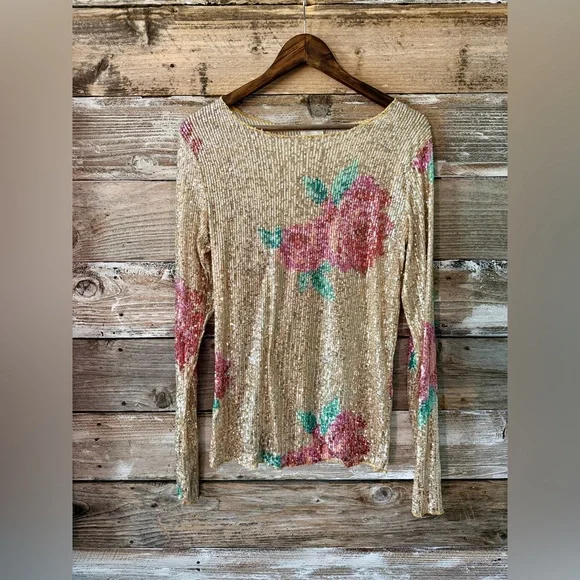 FREE PEOPLE Gold Sequin Floral Top Size Large Long Sleeve Sheer Stretch - Picture 2 of 6